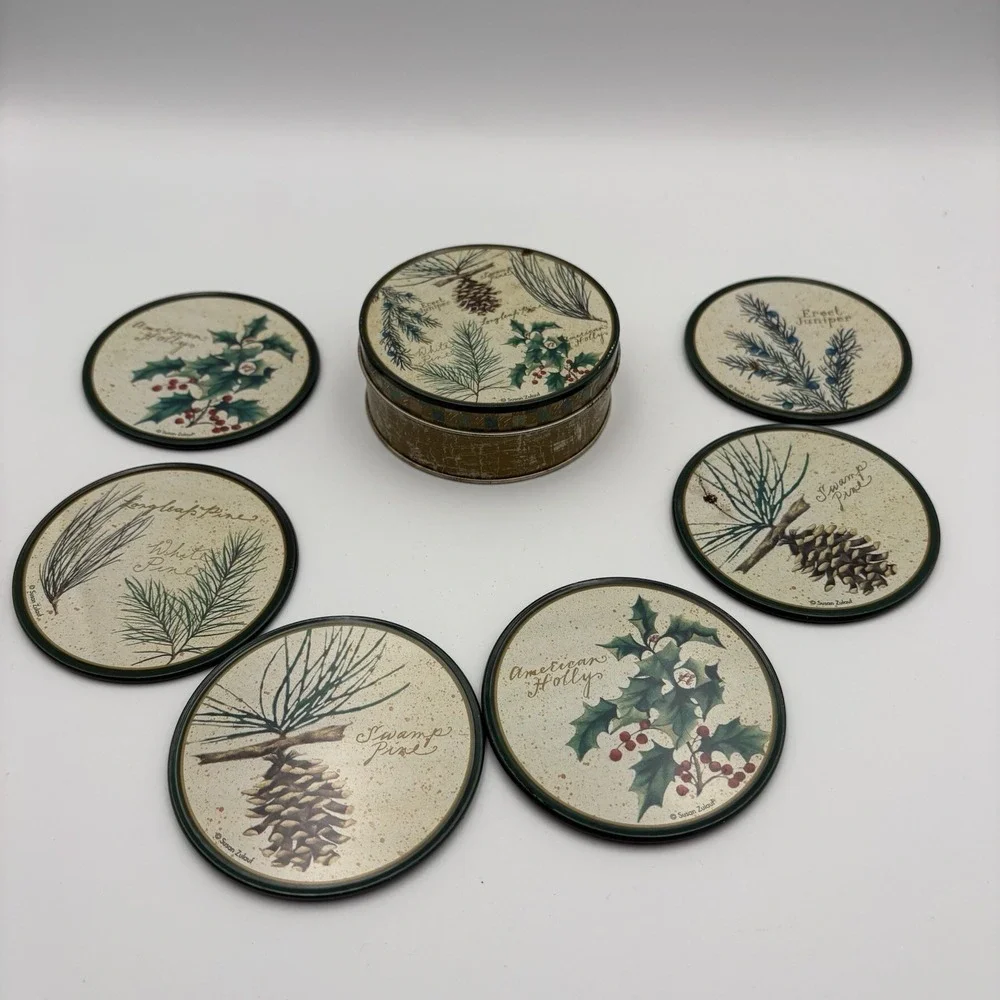6 Coasters In A Round Tin Susan Zulauf Pine Cones, Holly 3.5'' Cork Back Vintage
